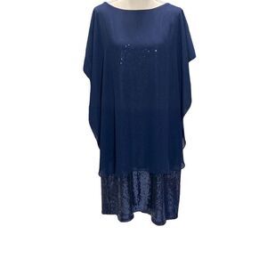 Womens Betsy and Adam Navy Blue Soft Sequin Dress Draped Lined Holiday 18W
